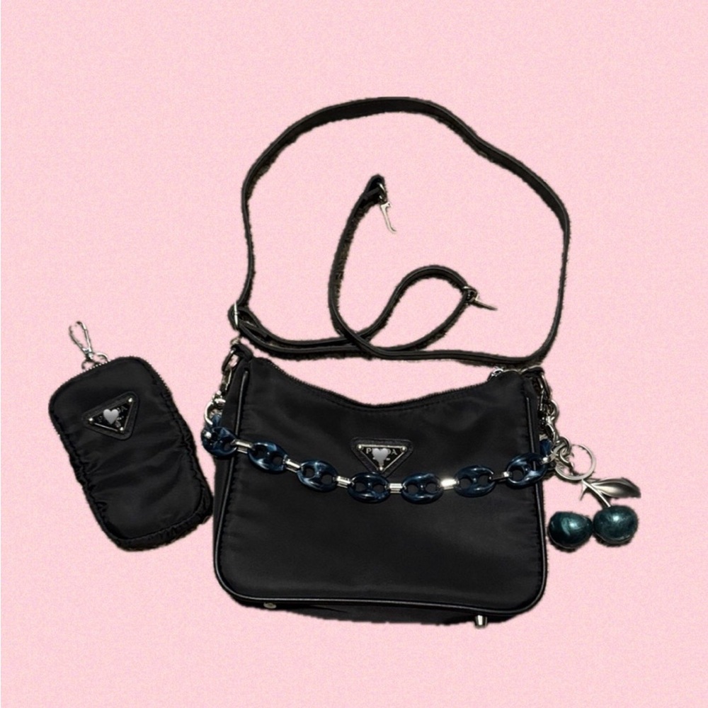 Black Crossbody Bag with Teal Chain Accent